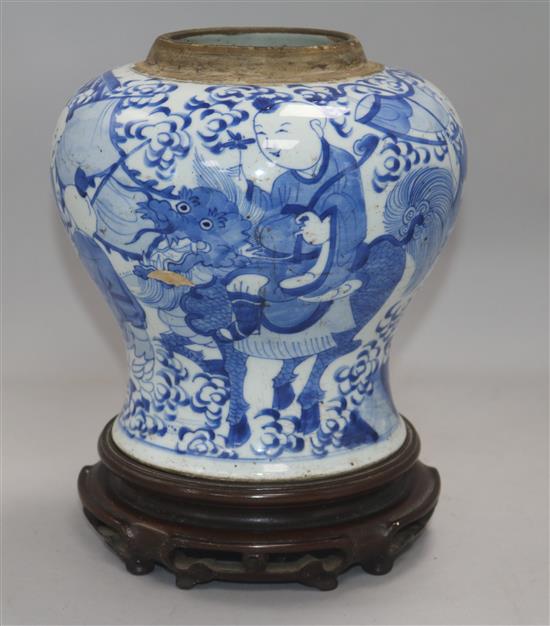 An 18th century Chinese blue and white boys jar, height 27cm incl. base